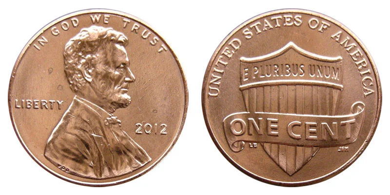 2012 Lincoln Shield cent obverse and reverse showing Lincoln portrait and Union Shield design
