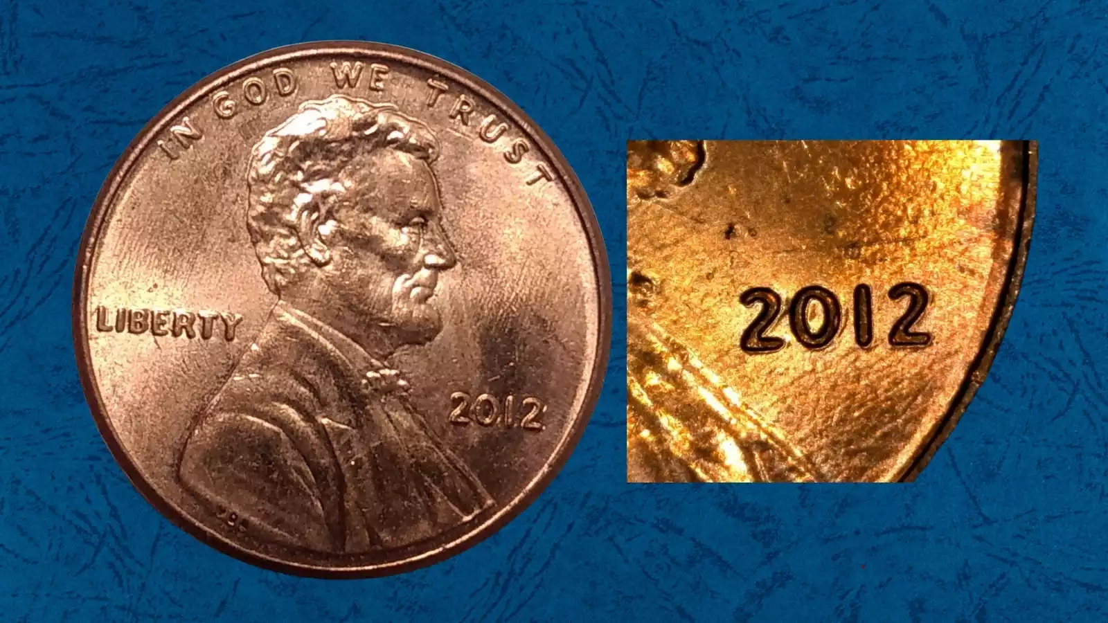 Side-by-side comparison of normal 2012 penny vs DDO variety showing doubled LIBERTY lettering
