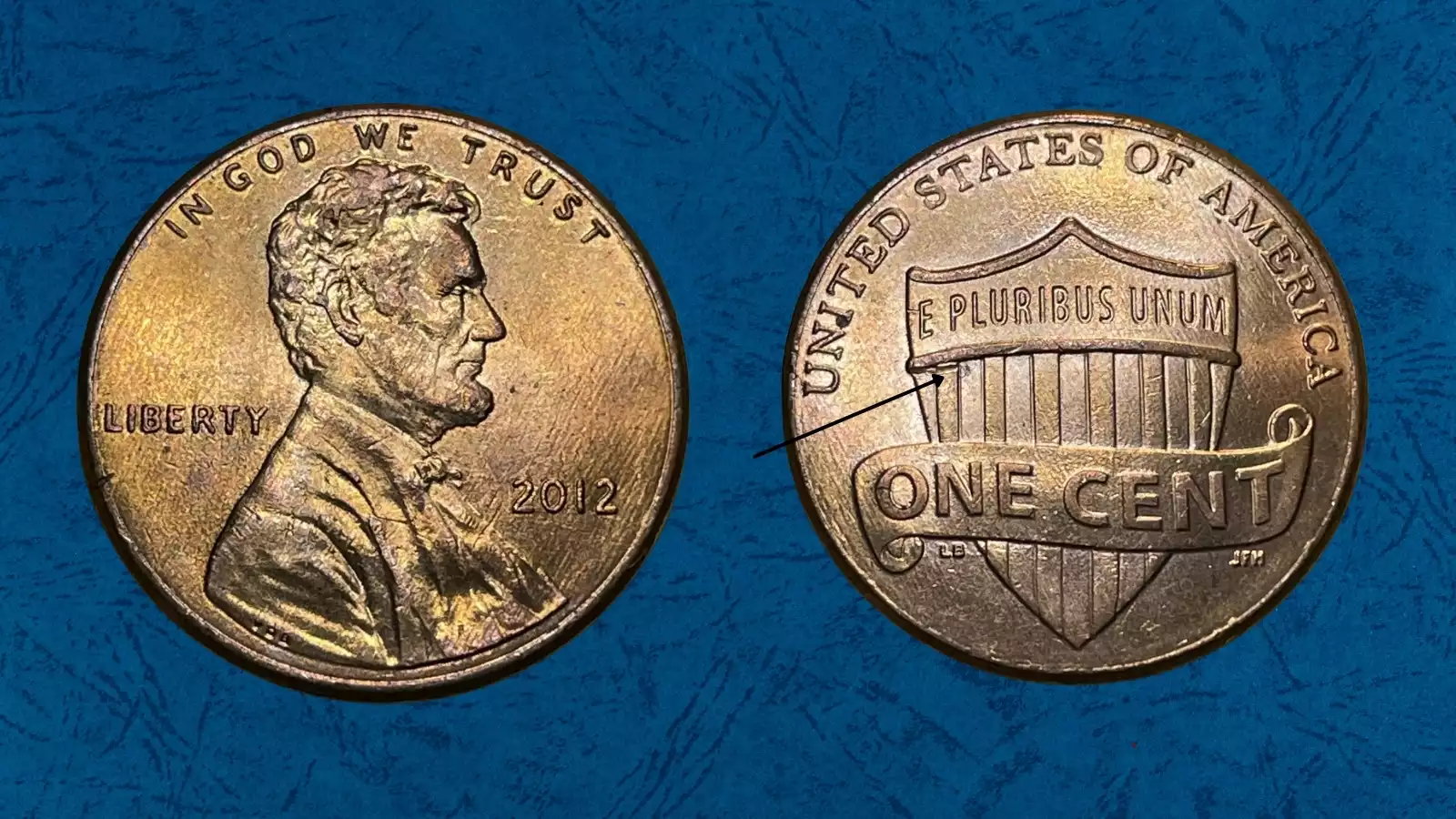 2012 penny die clash error showing ghosted impression of opposite side's design in the fields
